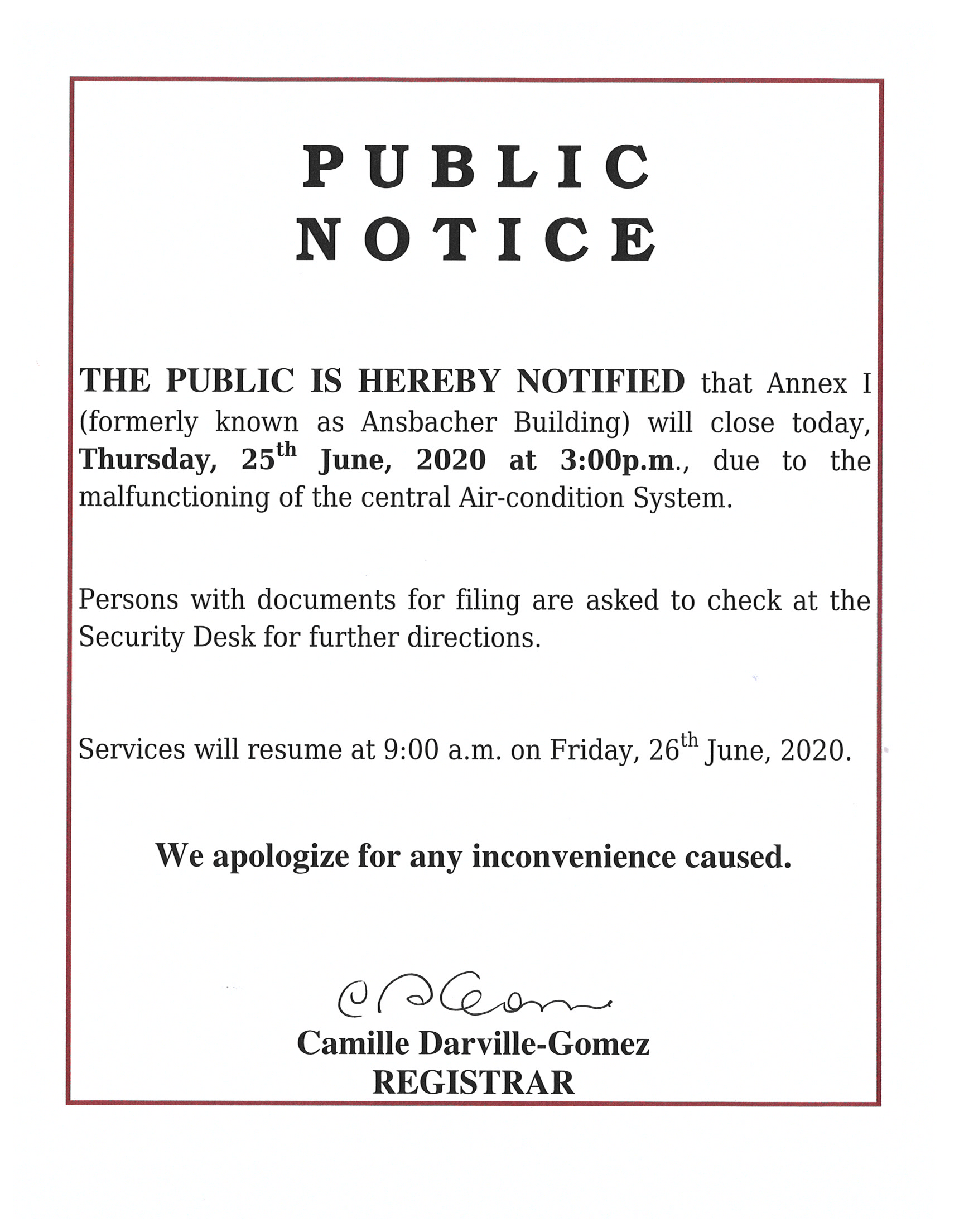 Public Notice – Annex I